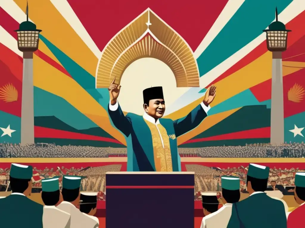 Biografía de Sukarno líder Indonesia dando un poderoso discurso, rodeado de colores vibrantes y detalles que expresan autoridad y legado cultural