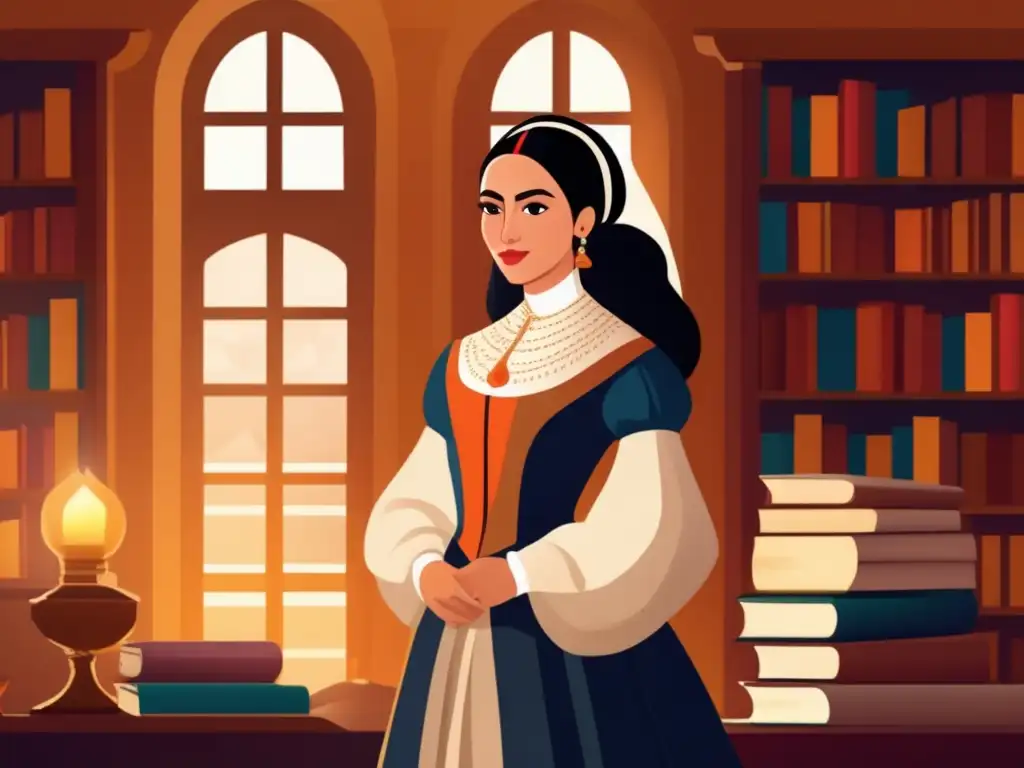Sor Juana Inés de la Cruz irradia empoderamiento en una habitación llena de libros y escritura, desafiando el patriarcado