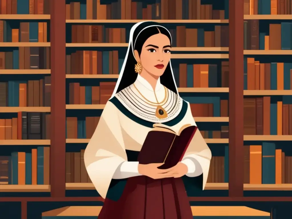 Sor Juana Inés de la Cruz desafía al patriarcado con su mirada desafiante en medio de una biblioteca llena de libros antiguos