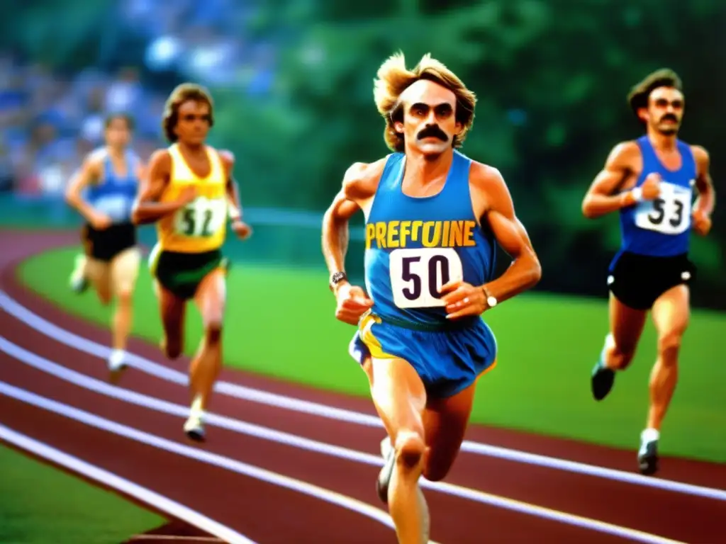 Steve Prefontaine mostrando influencia en atletismo de larga distancia, corriendo con determinación