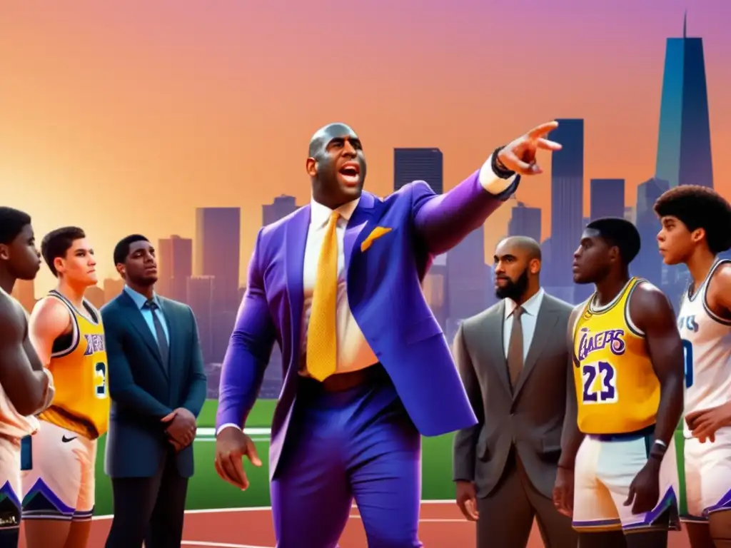 Influencia de Magic Johnson en el baloncesto moderno: Magic Johnson con atletas en la ciudad al atardecer, simbolizando su impacto visionario