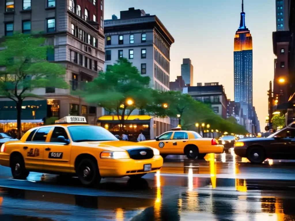 La influencia de Woody Allen: Calles de Nueva York bulliciosas al anochecer, con taxis amarillos, rascacielos y energía urbana atemporal