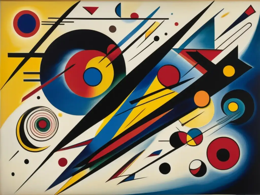 Influencia del color en Kandinsky: Pintura abstracta vibrante con pinceladas audaces en rojo, azul y amarillo, evocando movimiento y ritmo