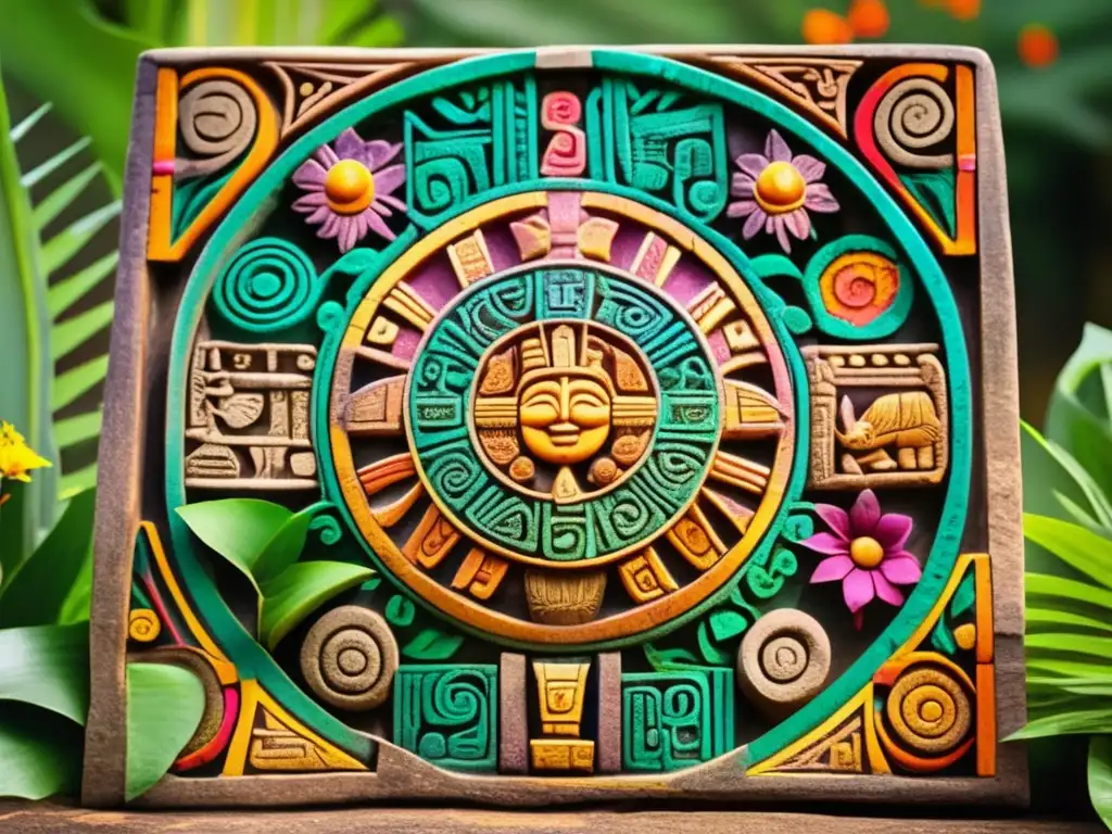 Influencia de la conquista en las celebraciones mesoamericanas: detallada representación de la piedra del calendario rodeada de naturaleza exuberante y patrones tradicionales