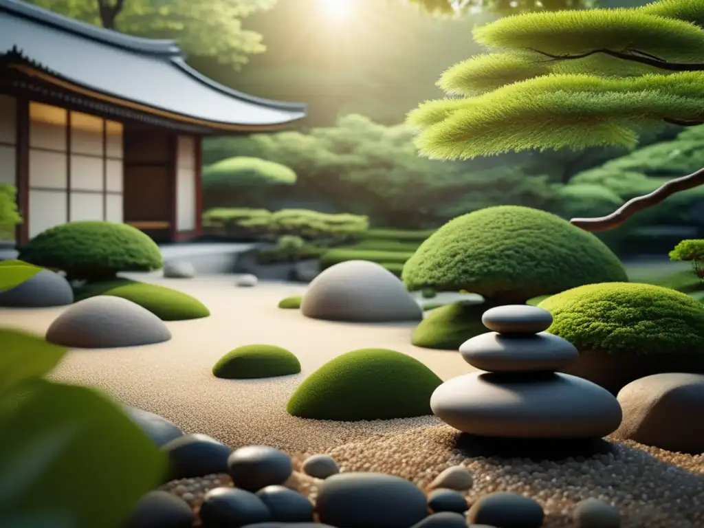 Influencia contemporánea del Zen Dogen Zenji: Jardín zen japonés con grava, rocas y vegetación, irradiando serenidad y armonía