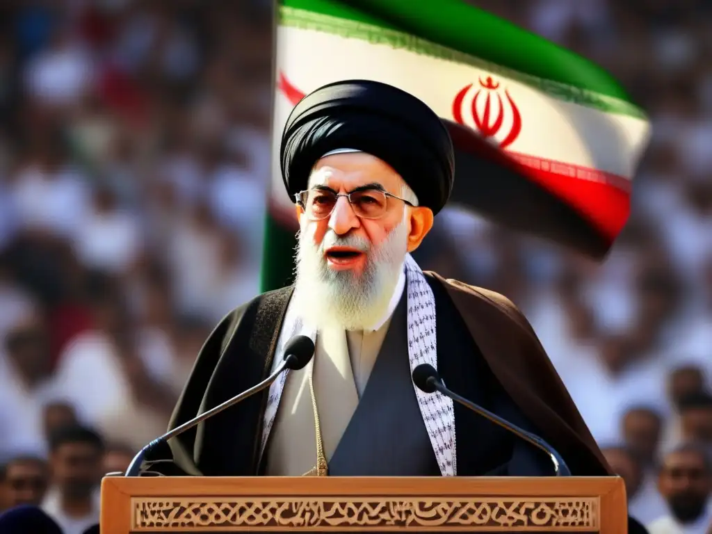 Ali Khamenei ejerce su influencia en Irán contemporáneo, entregando un poderoso discurso frente a una gran multitud con la bandera iraní de fondo