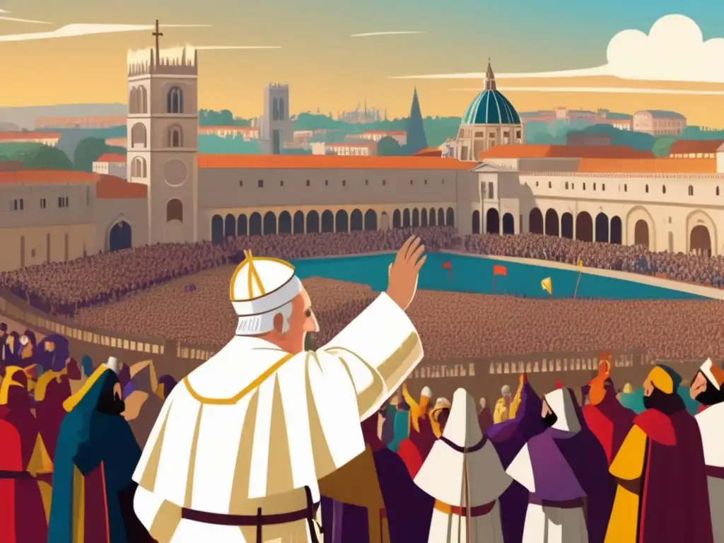 El poderoso discurso de Papa Urbano II: ¡La ferviente influencia en las Cruzadas! Influencia del Papa Urbano II en las Cruzadas: Ilustración digital detallada y vibrante de su poderoso discurso, destacando su autoridad y la fervorosa atmósfera medieval