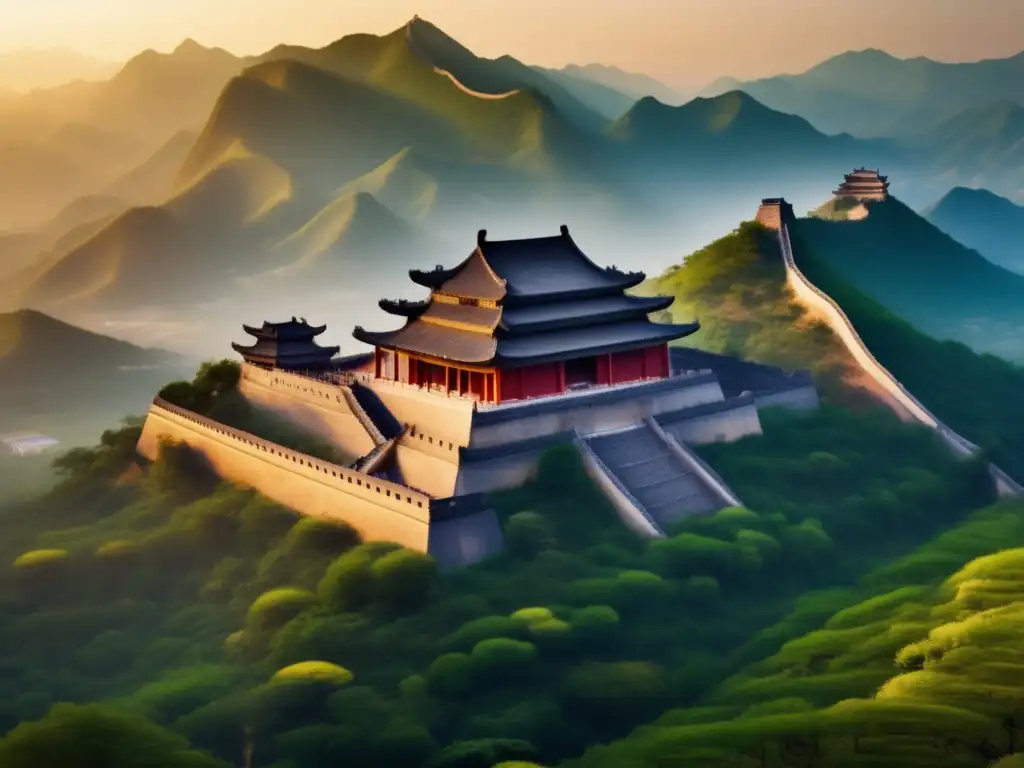La influencia de la Dinastía Han en China se refleja en estas majestuosas ruinas, bañadas por la cálida luz del atardecer entre montañas