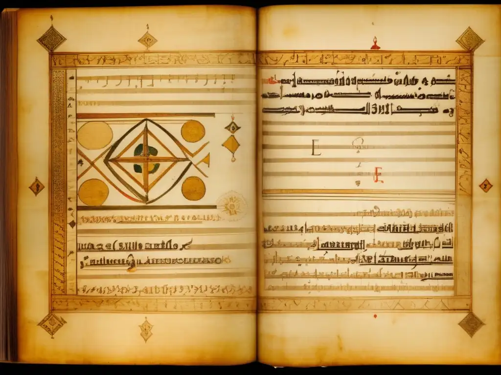 Influencia de Euclides en la geometría: antiguo manuscrito con diagramas y ecuaciones, caligrafía elegante y detalles dorados