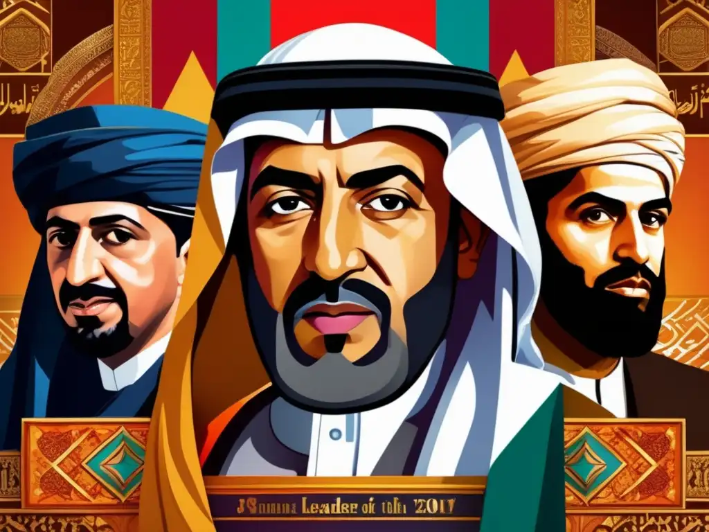 Influencia y legado de líderes del Medio Oriente: Collage digital dinámico y vibrante que fusiona retratos históricos con símbolos contemporáneos de poder, creando una representación impactante y reflexiva de su influencia