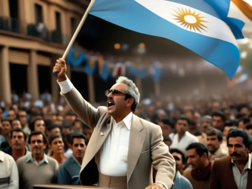 José Batlle y Ordóñez influencia el Uruguay moderno, con su presencia imponente en un mitin político, ondeando la bandera uruguaya al fondo