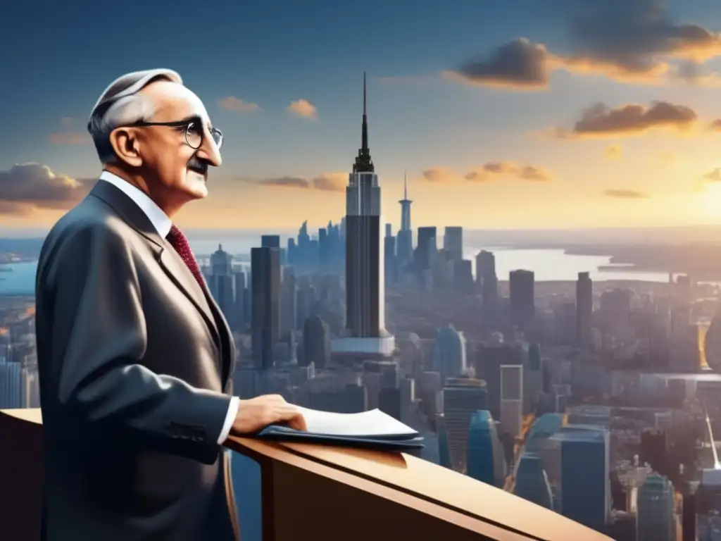Friedrich Hayek influencia pensamiento económico: Hayek pronuncia apasionado discurso en cumbre global, rodeado de una bulliciosa ciudad
