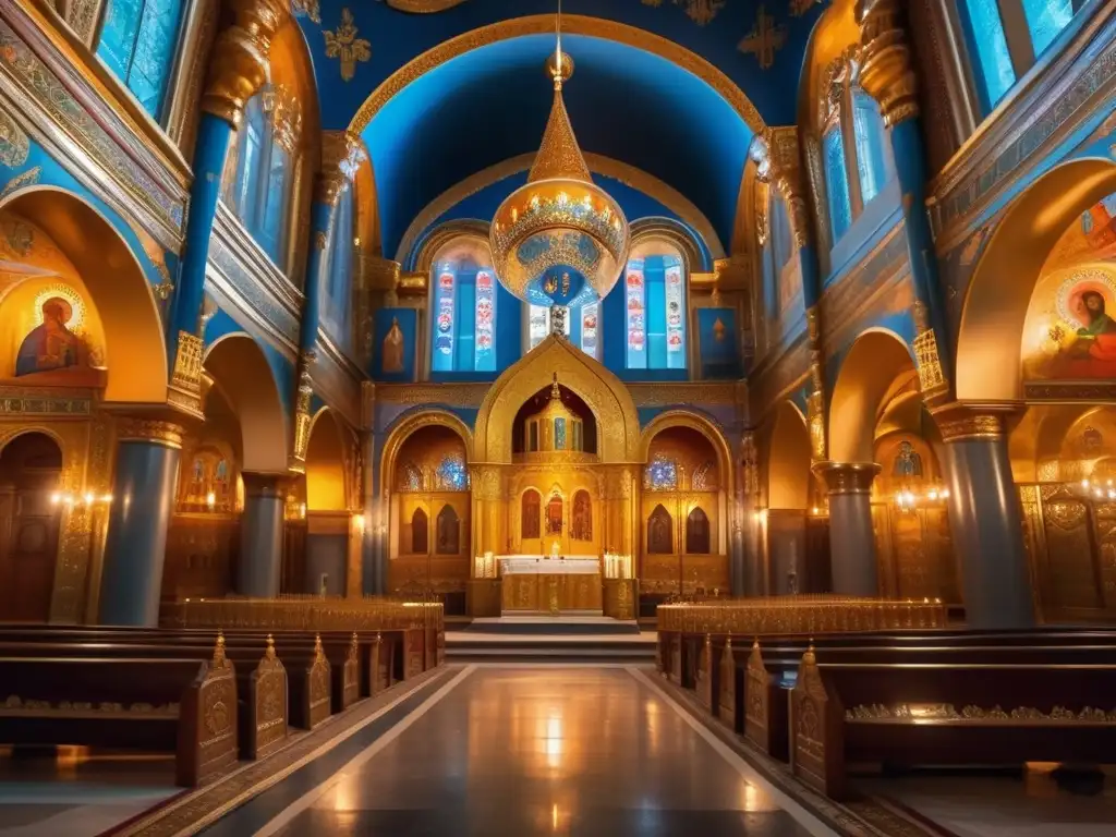 Tesoro dorado: Interior majestuoso de la Catedral de la Dormición, Moscú La influencia política de los patriarcas en la Iglesia Rusa se refleja en el interior ornamentado de la Catedral de la Dormición en Moscú, con su iconostasio dorado, frescos coloridos y la luz suave de las velas creando un ambiente sereno