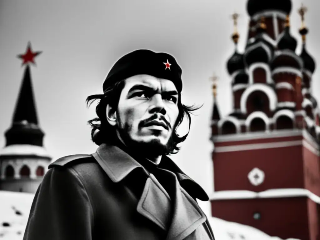 Influencia revolucionaria: Ché Guevara en el Kremlin de Moscú, con nieve y la icónica estrella roja de fondo