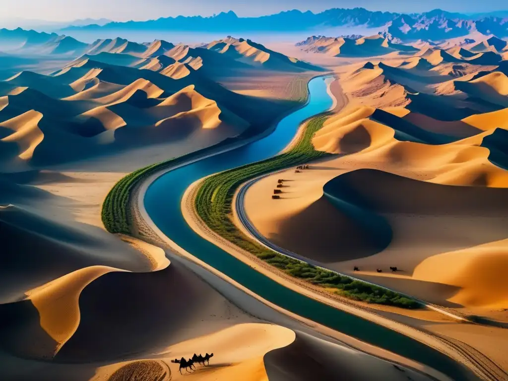 Influencia de Zhang Qian en la ruta de la seda: caravanas de camellos y comerciantes recorren montañas y desiertos en esta vista aérea impresionante