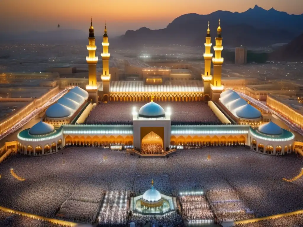 Influencia del wahabismo en Arabia Saudita: La majestuosa mezquita Masjid al-Haram en La Meca, con millones de fieles circulando la Kaaba y la arquitectura iluminada por la luz dorada del atardecer