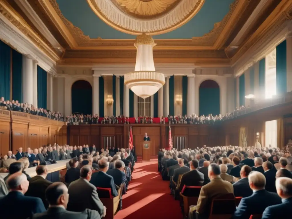 George Marshall pronuncia su influyente discurso del Plan Marshall en una majestuosa sala