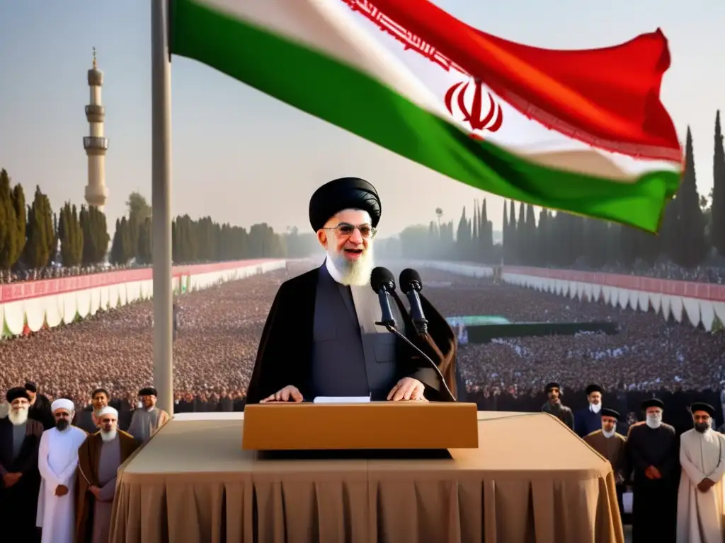 Ali Khamenei, líder influyente, pronuncia un discurso ante una multitud, la bandera de Irán ondeando en el fondo