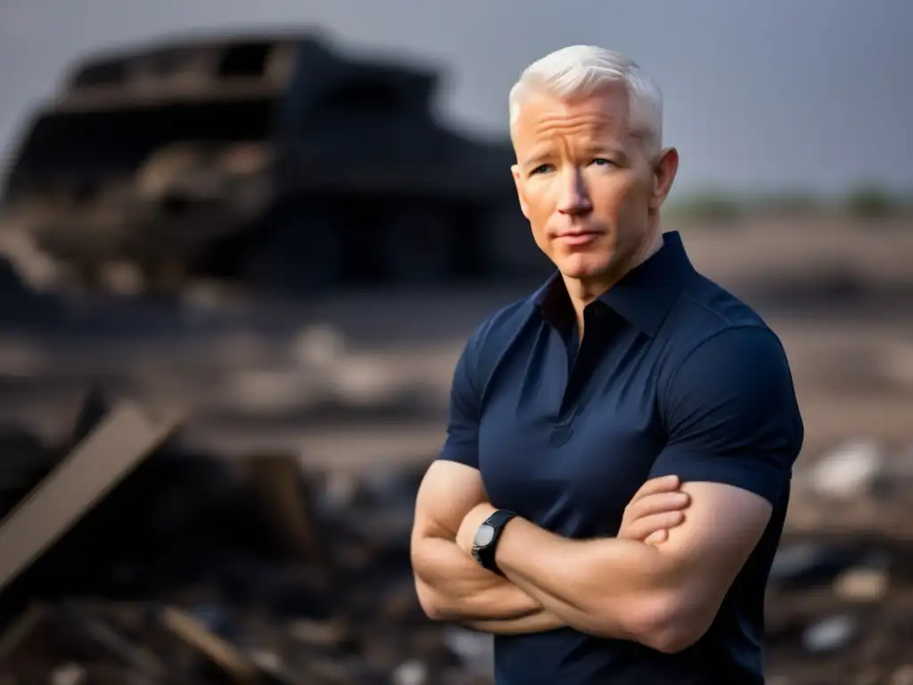 Anderson Cooper entregando un informe poderoso desde una región devastada por la guerra, con una expresión determinada y enfocada