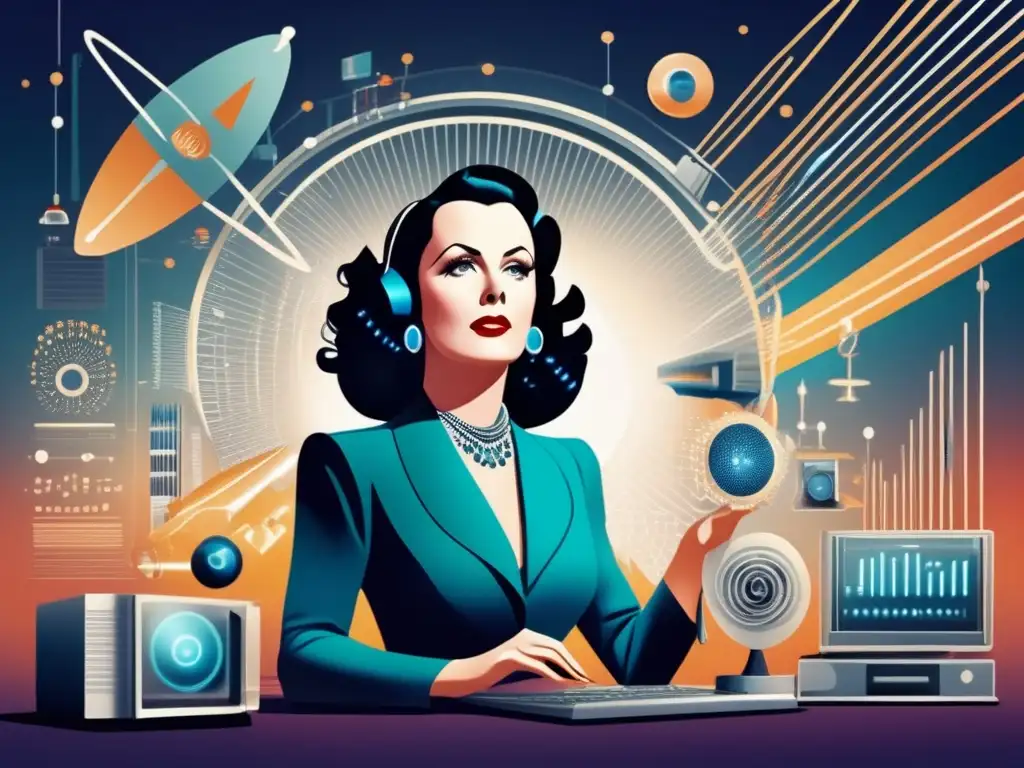 Hedy Lamarr, la ingeniera de las comunicaciones: ilustración digital de su invención impactante rodeada de señales inalámbricas