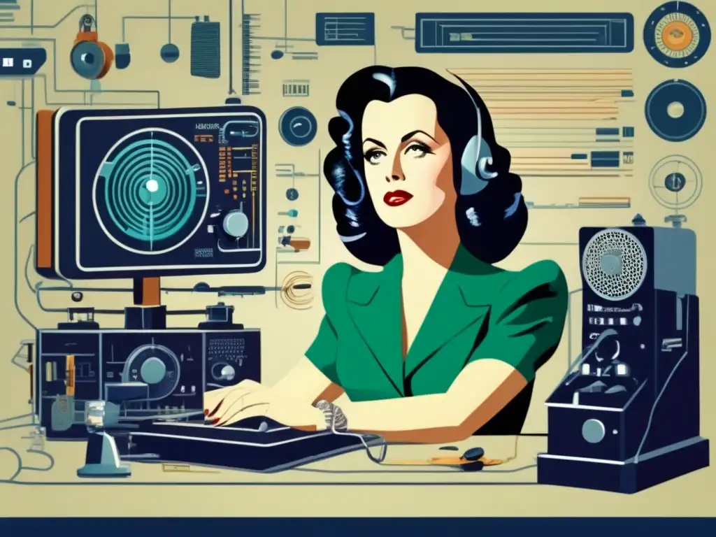 La ingeniera Hedy Lamarr concentrada en sus invenciones, rodeada de equipos de comunicación
