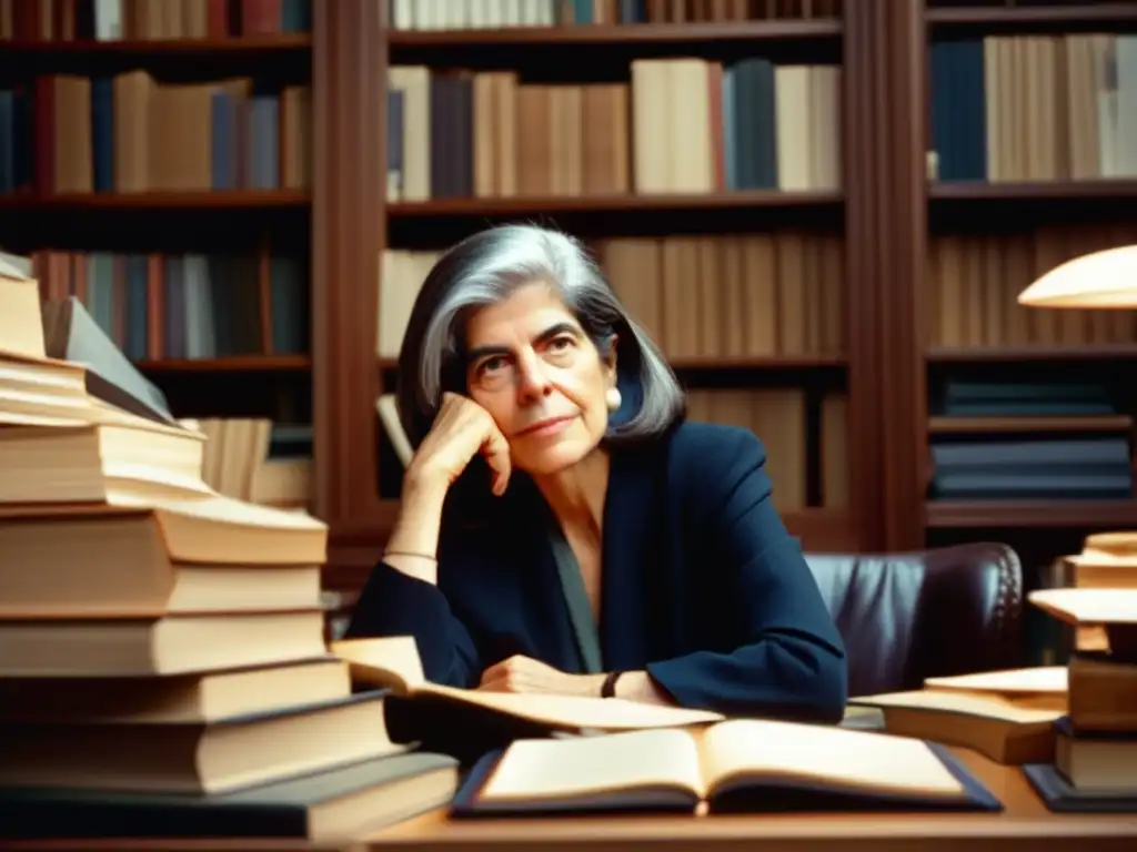 Susan Sontag, inmersa en su escritorio entre libros y papeles, irradiando concentración y creatividad