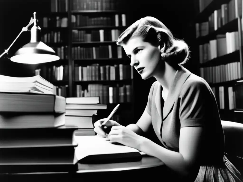 Sylvia Plath inmersa en su escritura, rodeada de libros y papeles