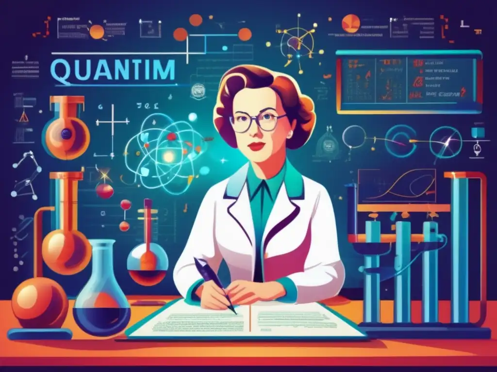 María Goeppert Mayer inmersa en su laboratorio, rodeada de equipo científico y ecuaciones de física cuántica