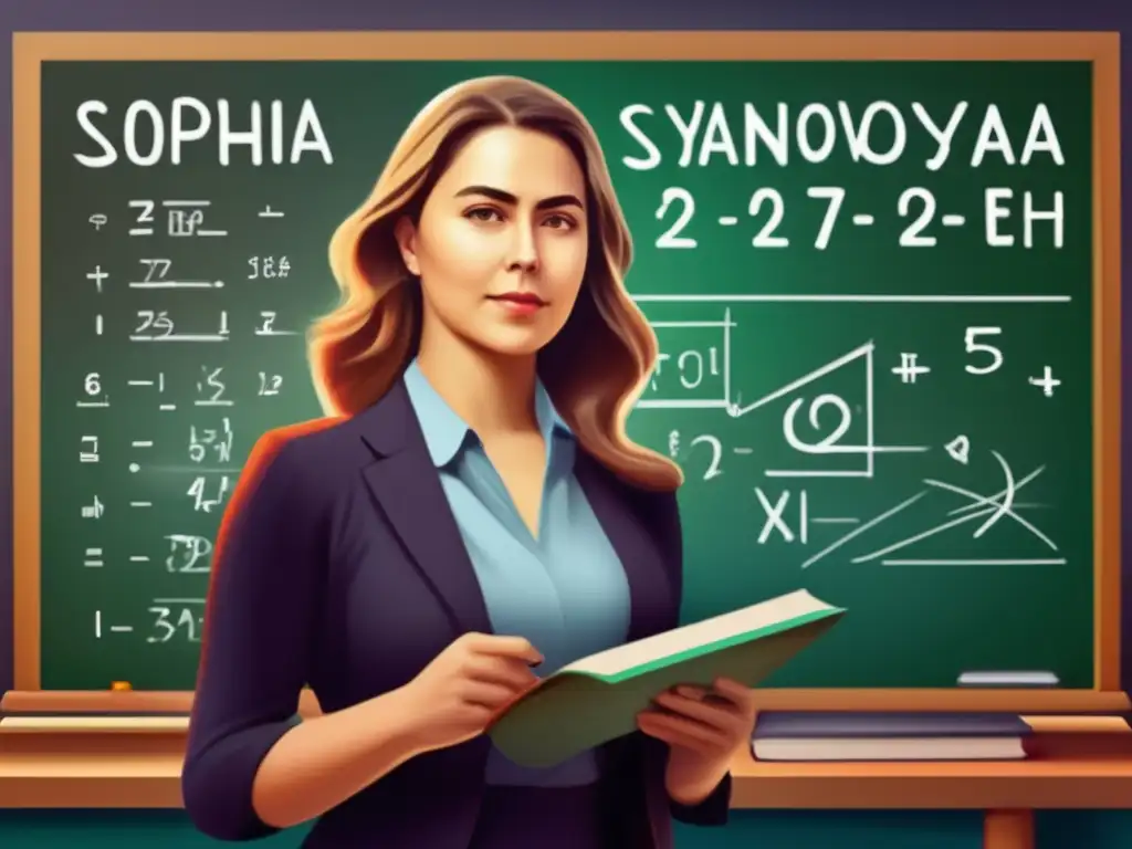 Sophia Yanovskaya inmersa en la Filosofía Matemática Rusa, rodeada de ecuaciones en un impresionante cuadro digital detallado