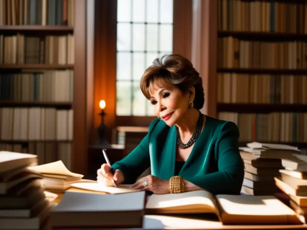 Isabel Allende inmersa en su realismo mágico, rodeada de libros y papeles, escribiendo en una habitación iluminada por el sol