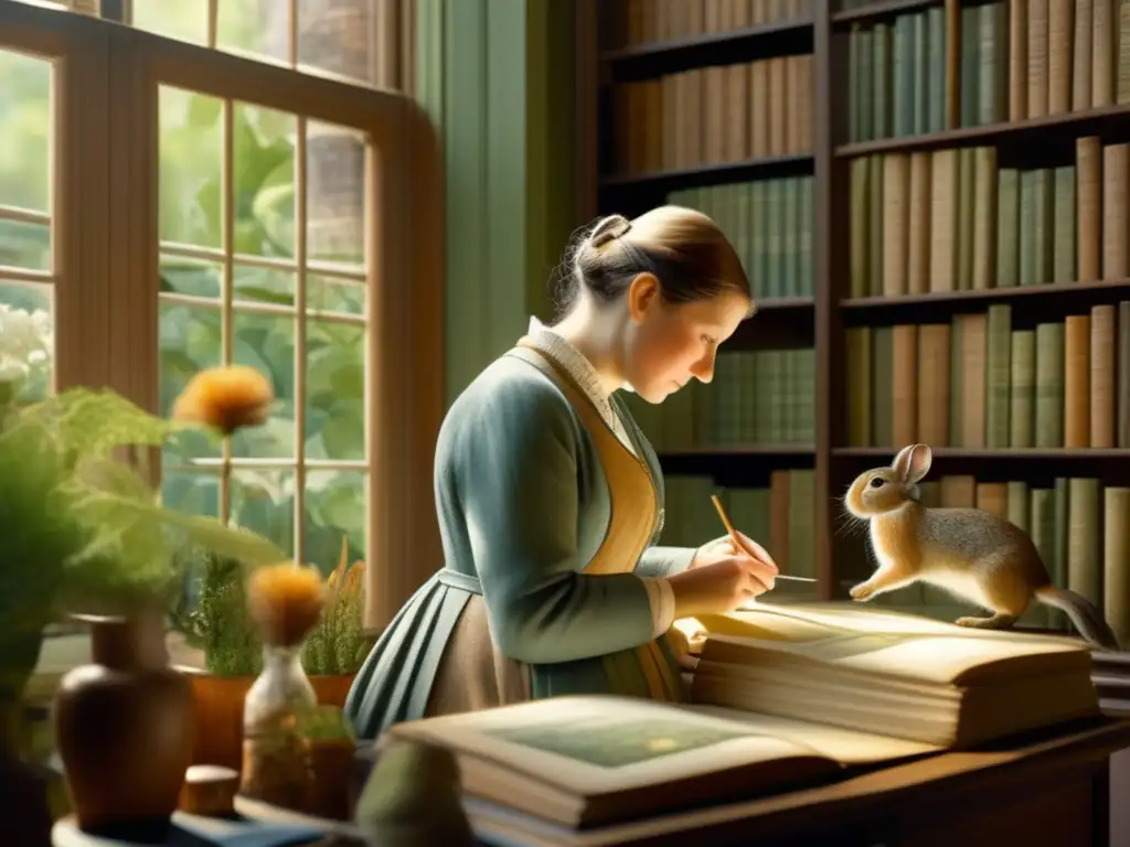 Beatrix Potter inmersa en la vida botánica, dibujando con pasión en su estudio iluminado