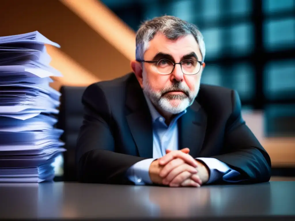 Paul Krugman, premio Nobel, inmerso en análisis económico en una oficina moderna y luminosa