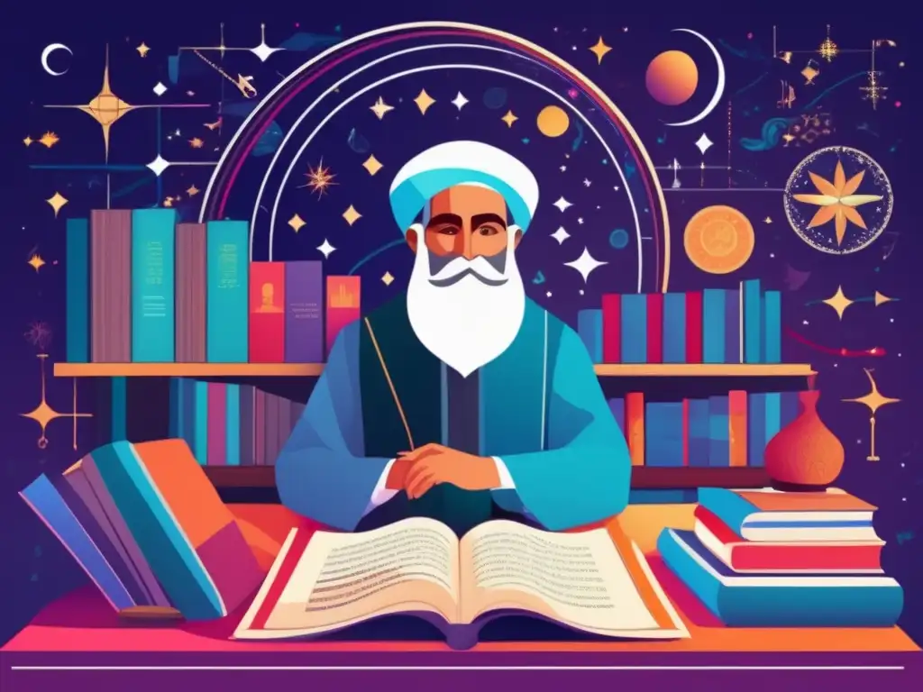 Ilustración digital vibrante de Omar Khayyam Omar Khayyam inmerso en el conocimiento, rodeado de ecuaciones y libros