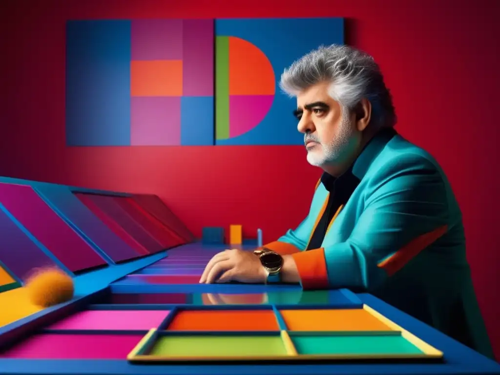 Pedro Almodóvar inmerso en la creación de cine español en un estudio vanguardista y colorido