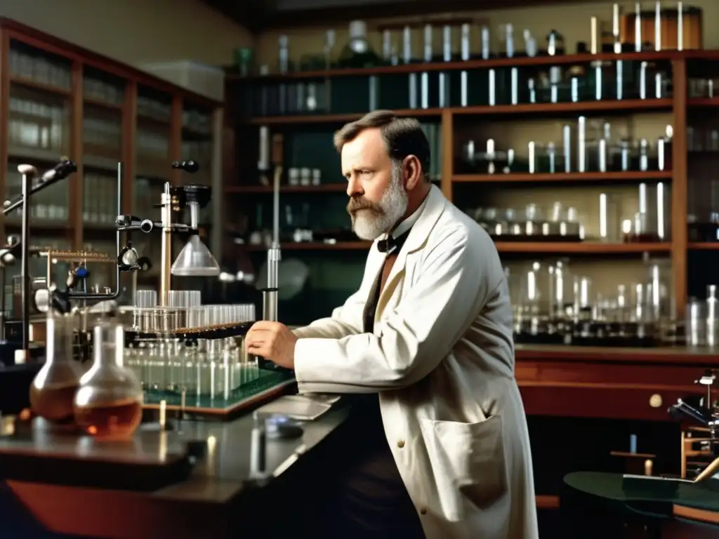 Thomas Hunt Morgan inmerso en sus descubrimientos genéticos, rodeado de equipamiento científico en su laboratorio