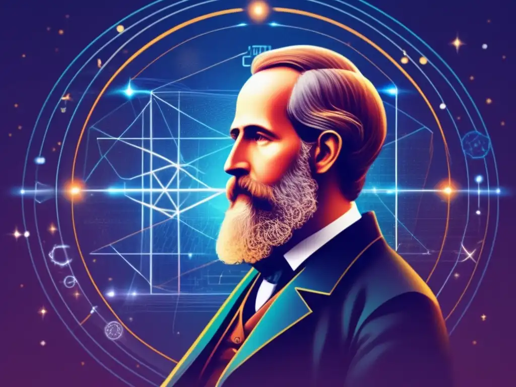 En la ilustración, James Clerk Maxwell está inmerso en ecuaciones electromagnéticas, con un fondo celestial que simboliza su visión teológica