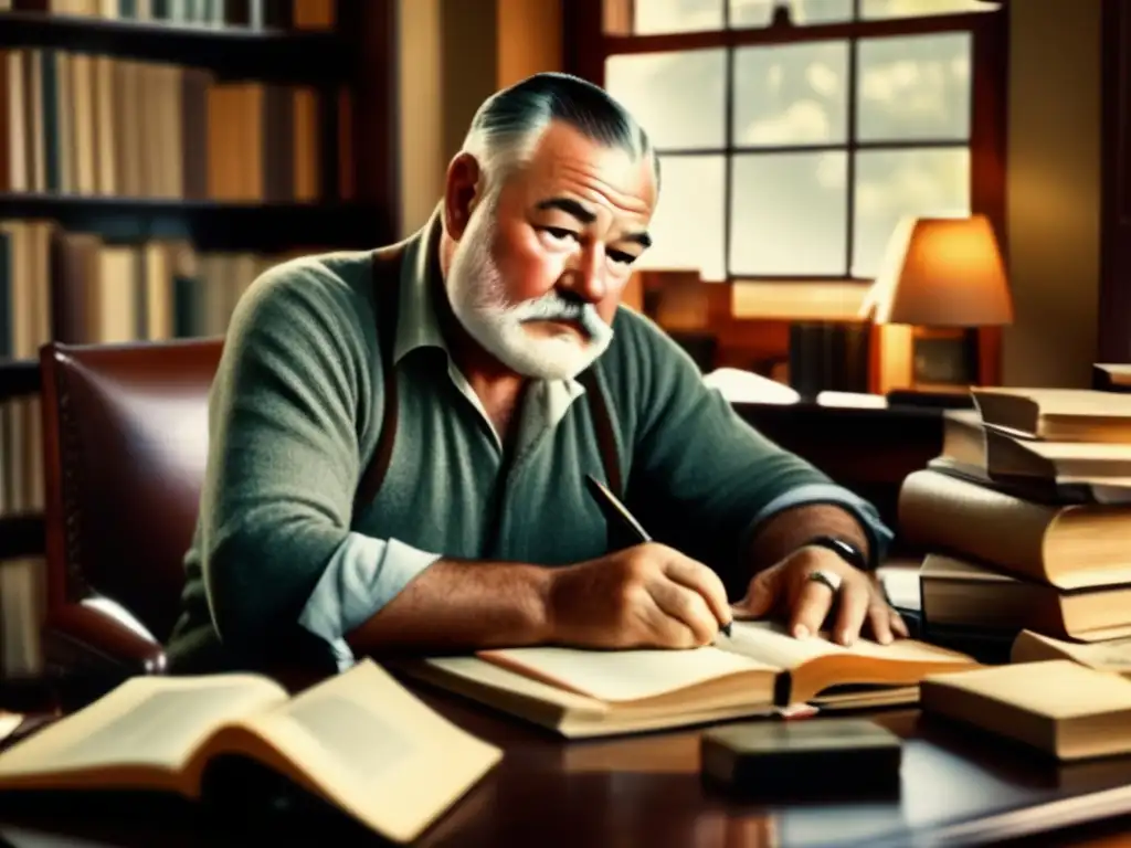 Ernest Hemingway Nobel, inmerso en su escritorio con libros y papeles, envuelto en una atmósfera contemplativa y artística