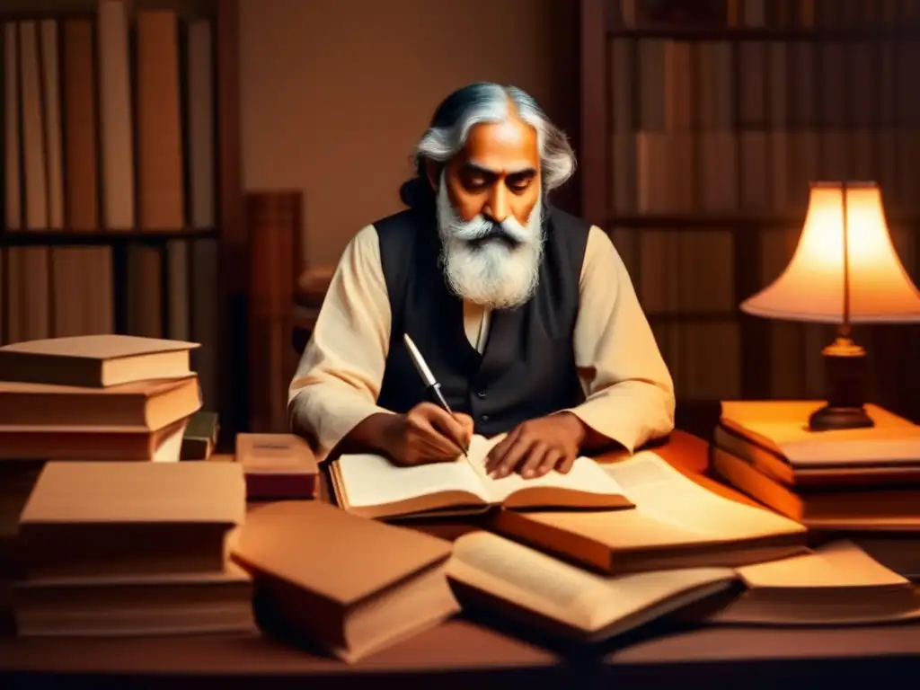 Rabindranath Tagore inmerso en su escritorio, rodeado de libros y papeles, con una expresión concentrada