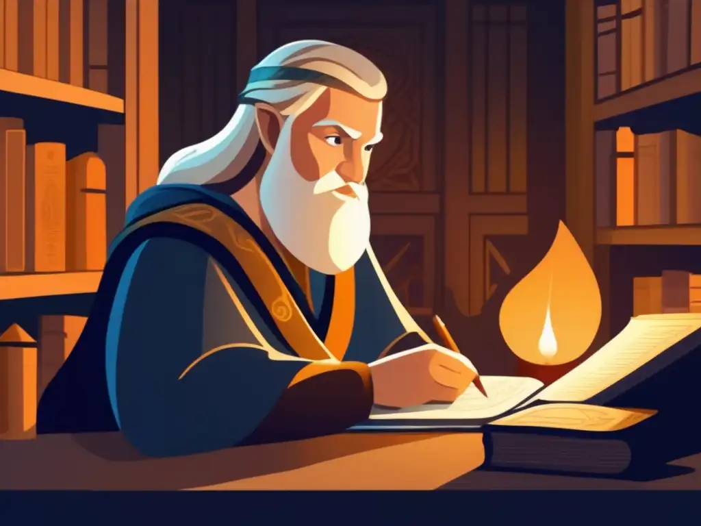 Snorri Sturluson preserva la mitología escandinava, inmerso en sus escritos bajo la cálida luz de las velas