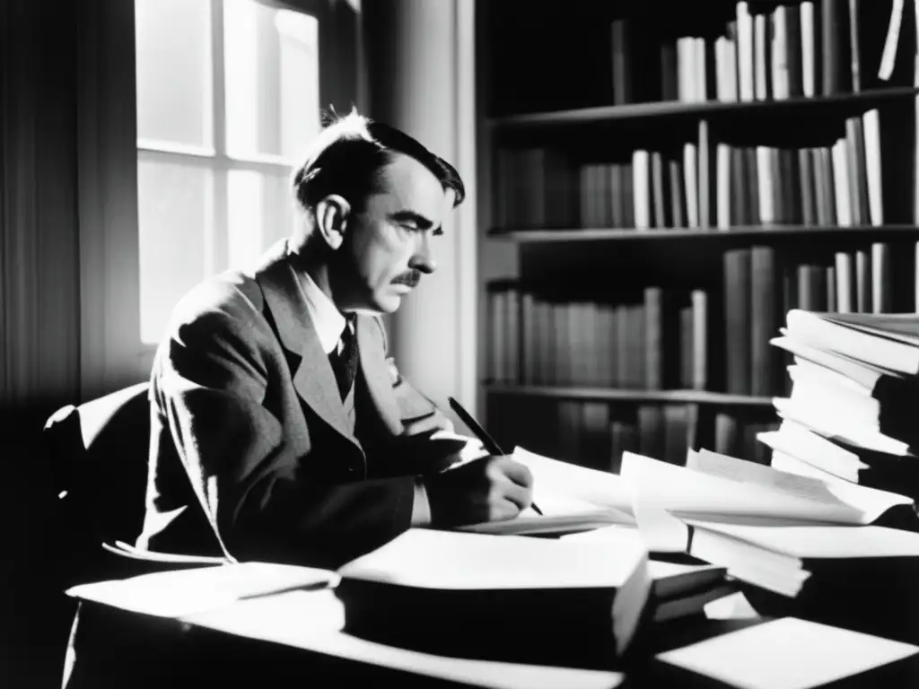 Thomas Mann Nobel, inmerso en su escritura entre libros y papeles, concentrado y creativo en su estudio bañado por la luz