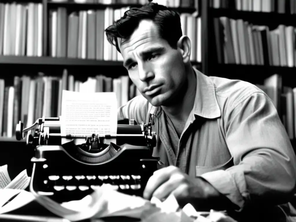 Jack Kerouac inmerso en la escritura, rodeado de libros y papeles arrugados, su mirada fija en la máquina de escribir