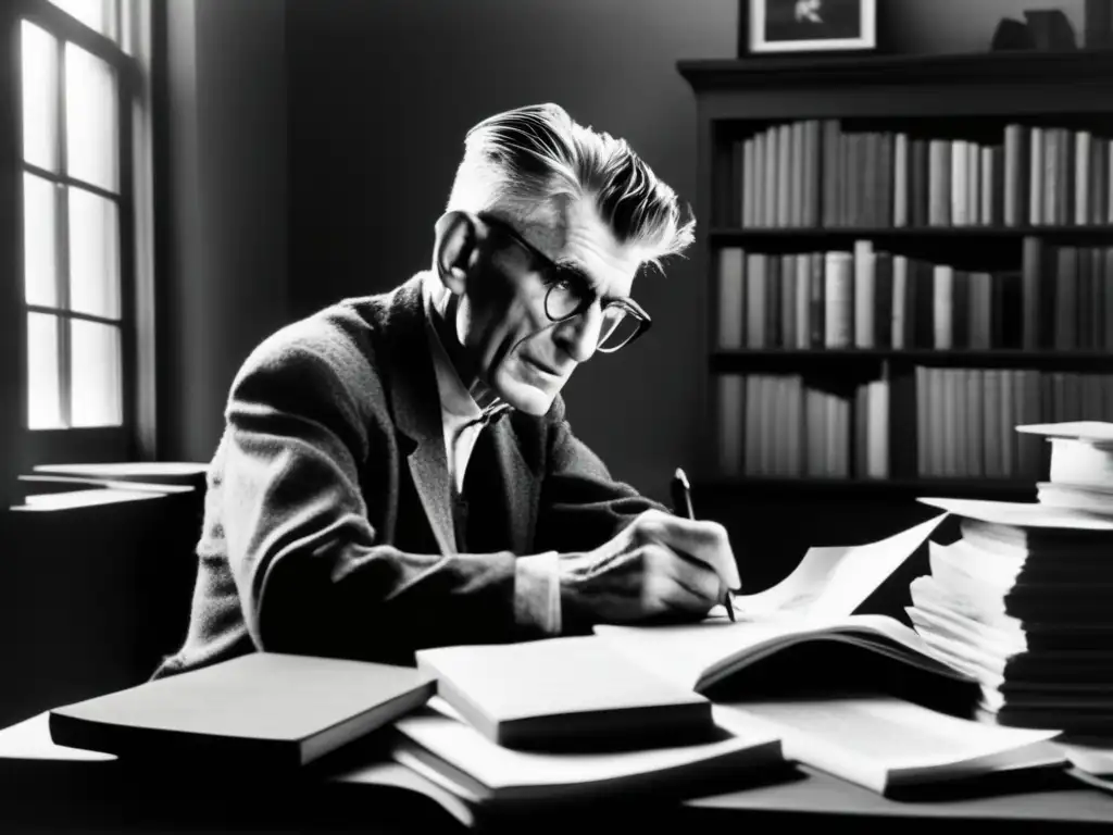 Samuel Beckett inmerso en su escritura teatral absurda, rodeado de caos creativo y contemplación