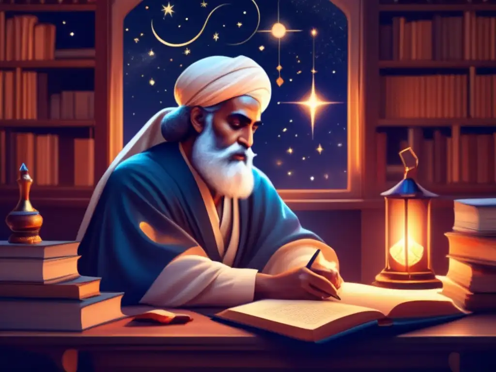 El genio de Omar Khayyam: Pintura digital 8k- Omar Khayyam inmerso en el estudio astronómico, rodeado de libros y pergaminos, en una pintura digital ultradetallada