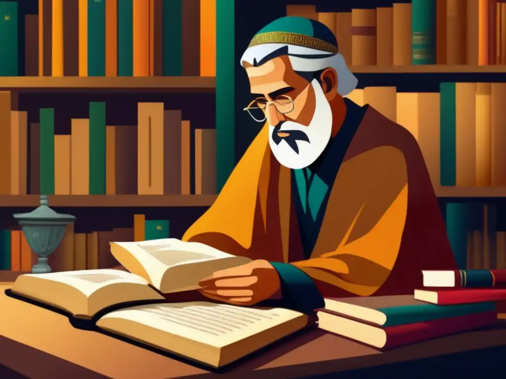 Estudio profundo: Moisés Maimónides inmerso en sabiduría ancestral Moisés Maimónides inmerso en el estudio rodeado de antiguos textos, con expresión reflexiva