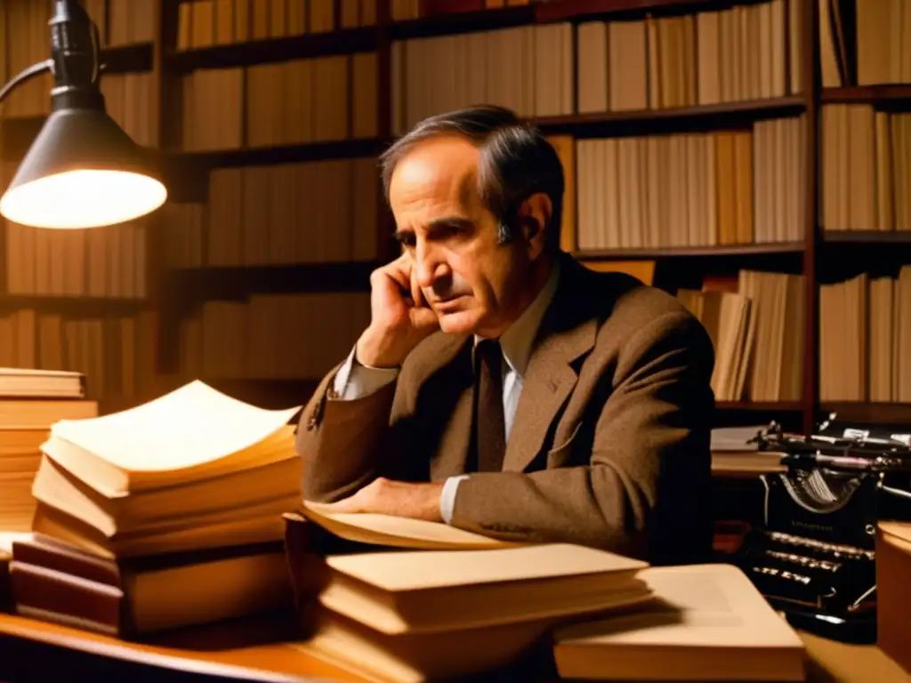 François Truffaut inmerso en su estudio, rodeado de libros y papeles, listo para escribir su biografía completa