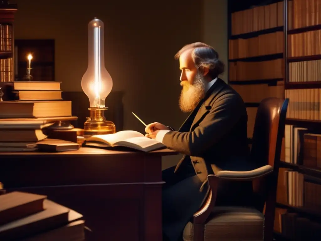 James Clerk Maxwell inmerso en su estudio, rodeado de libros y herramientas científicas, formulando sus revolucionarias ecuaciones