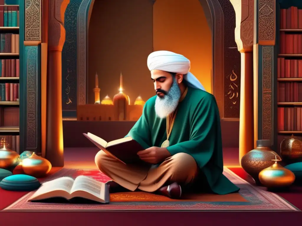 AlFarabi inmerso en la filosofía islámica medieval, rodeado de antiguos textos y símbolos islámicos en una ilustración digital moderna y sorprendente