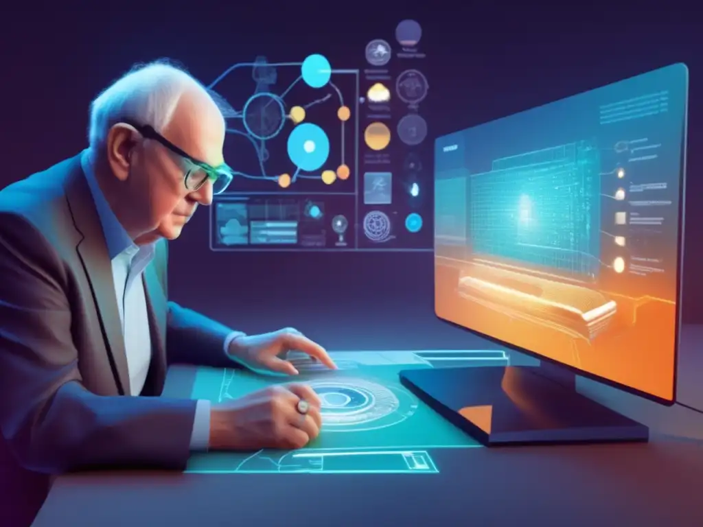 Ivan Sutherland inmerso en su innovador sistema Sketchpad rodeado de interfaces y modelos 3D futuristas