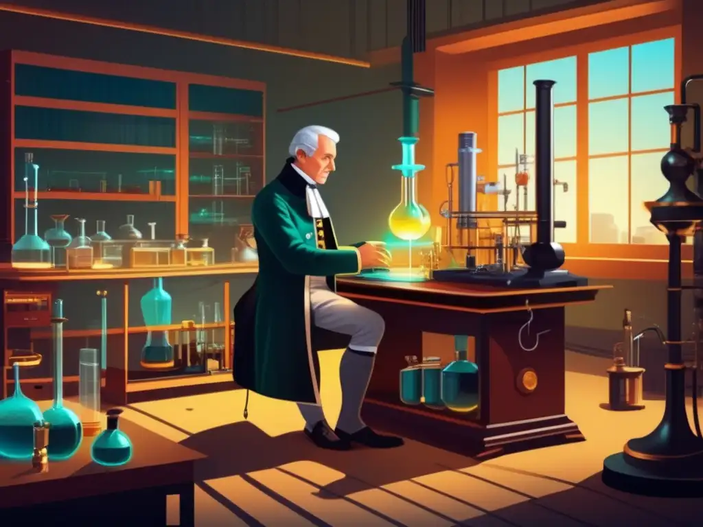 En la ilustración, Alessandro Volta está inmerso en la invención de la batería eléctrica, rodeado de equipo científico, con una expresión determinada