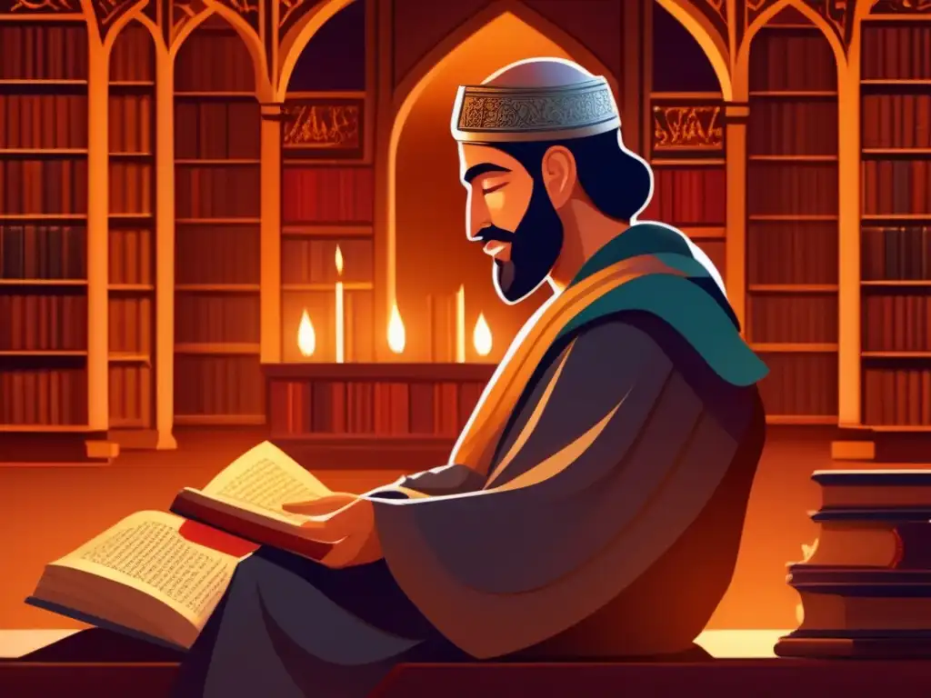 AlFarabi inmerso en la filosofía islámica medieval en una biblioteca grandiosa